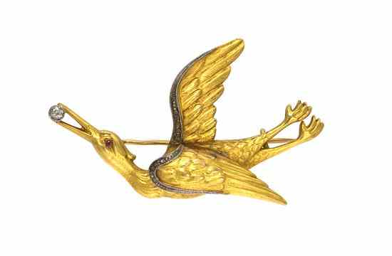 Appraisal: An Art Nouveau Karat Yellow Gold Diamond and Ruby Stork