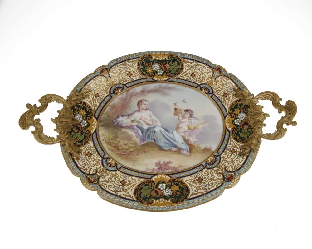 Appraisal: A French champlev and porcelain tray Fourth-Quarter th Century Signed