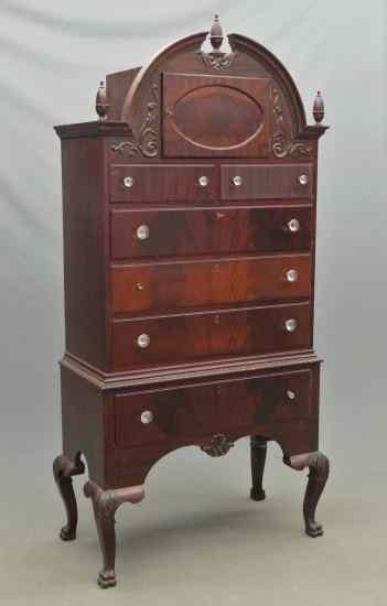 Appraisal: 's bonnet top mahogany highboy with carved feet '' W