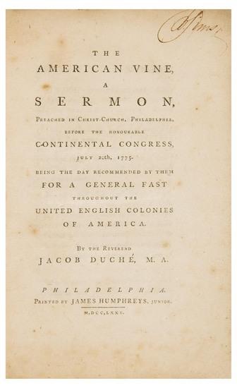 Appraisal: DUCHE Jacob The American Vine A Sermon Preached in Christ-Church