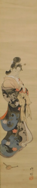 Appraisal: JAPANESE GEISHA GIRL HANGING WALL SCROLL PAINTING Japan Dressed in