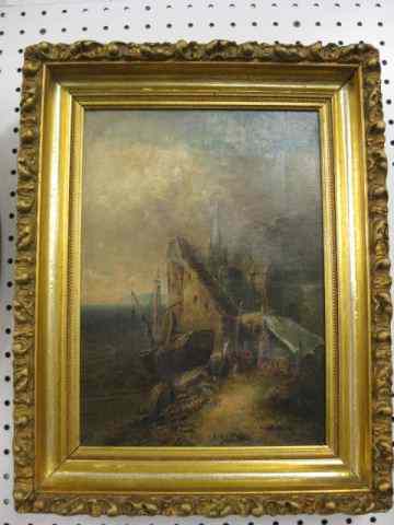 Appraisal: Lindenmuth Oil on Canvas Europeanwaterfront scene with fisherman returning castle