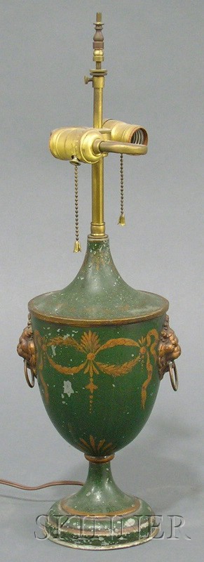 Appraisal: French Empire Revival Painted and Gilt Decorated Urn-form Toleware Lamp