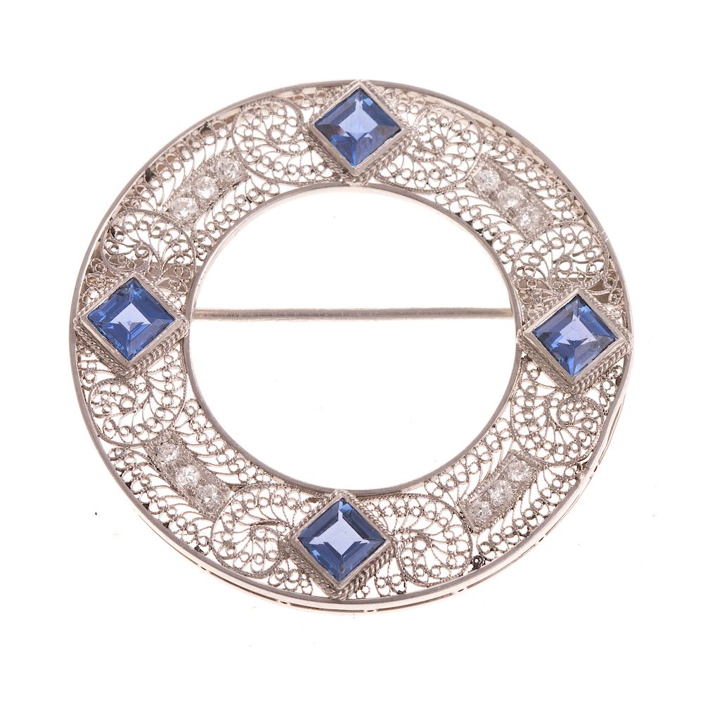 Appraisal: A Ladies Circle Sapphire Diamond Filigree Brooch K white gold