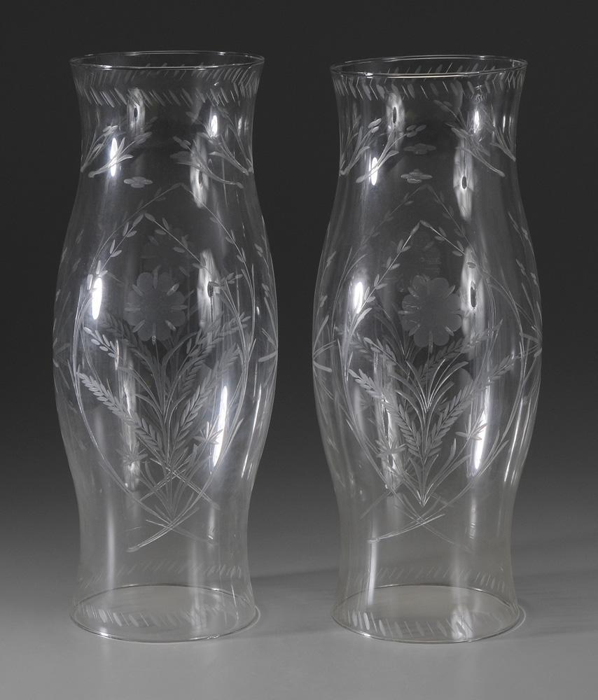 Appraisal: Pair Glass Hurricane Shades th century each with detailed floral