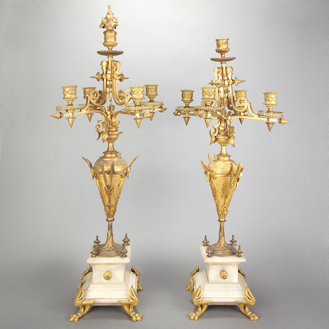 Appraisal: Companion Pair of Empire Style Gilt-Metal and White Onyx Five-Light