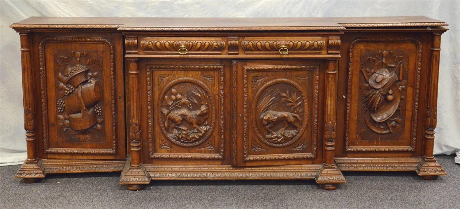 Appraisal: Continental carved oak hunt board with carved doors kegs grape