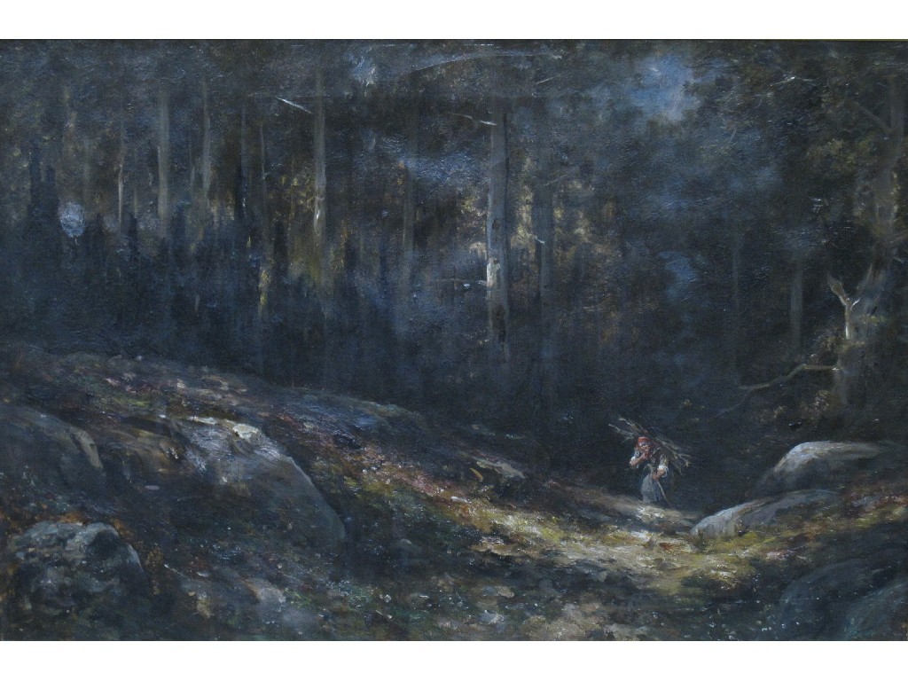 Appraisal: Oil on canvas woodland scene with a figure gathering faggots