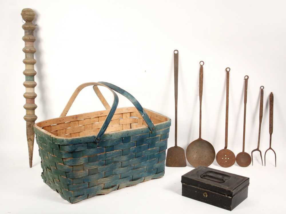 Appraisal: PICNIC BASKET W IRON IMPLEMENTS CROQUET POST TIN LOCK BOX