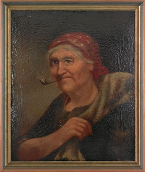 Appraisal: Oil on canvas portrait of a woman smoking a pipe