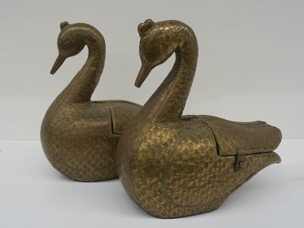 Appraisal: PAIR MIDDLE EAST BRASS MOUNTED COPPER DUCK-FORM BOXES H IN