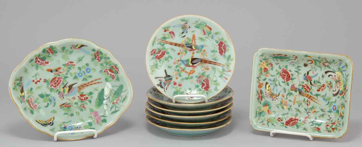 Appraisal: EIGHT PIECES OF CHINESE EXPORT CELADON PORCELAIN With flower and