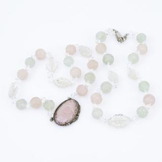 Appraisal: Two Rose Green and Rock Quartz Carved Bead Necklaces Two