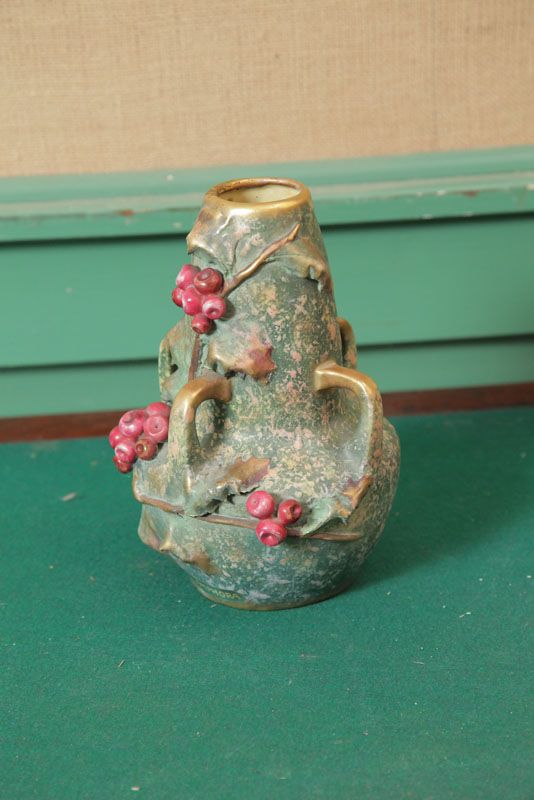 Appraisal: AMPHORA VASE Green mottled surface with relief Holly berries laeves