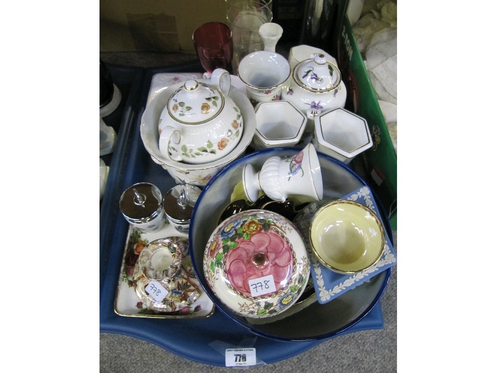 Appraisal: Tray lot of decorative ceramics - Maling Wedgwood commemorative glasses