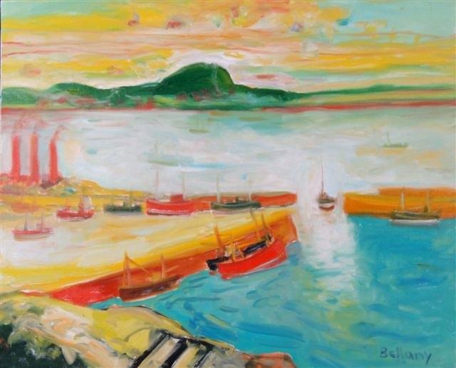 Appraisal: JOHN BELLANY b A harbour scene at sunset signed oils