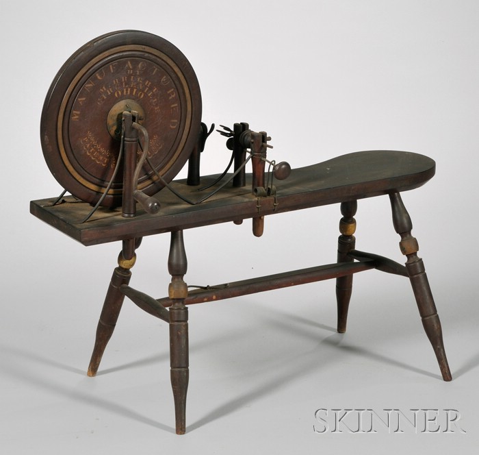 Appraisal: th Century Painted and Stencil-labeled Wooden Spinning Wheel labeled Manufactured