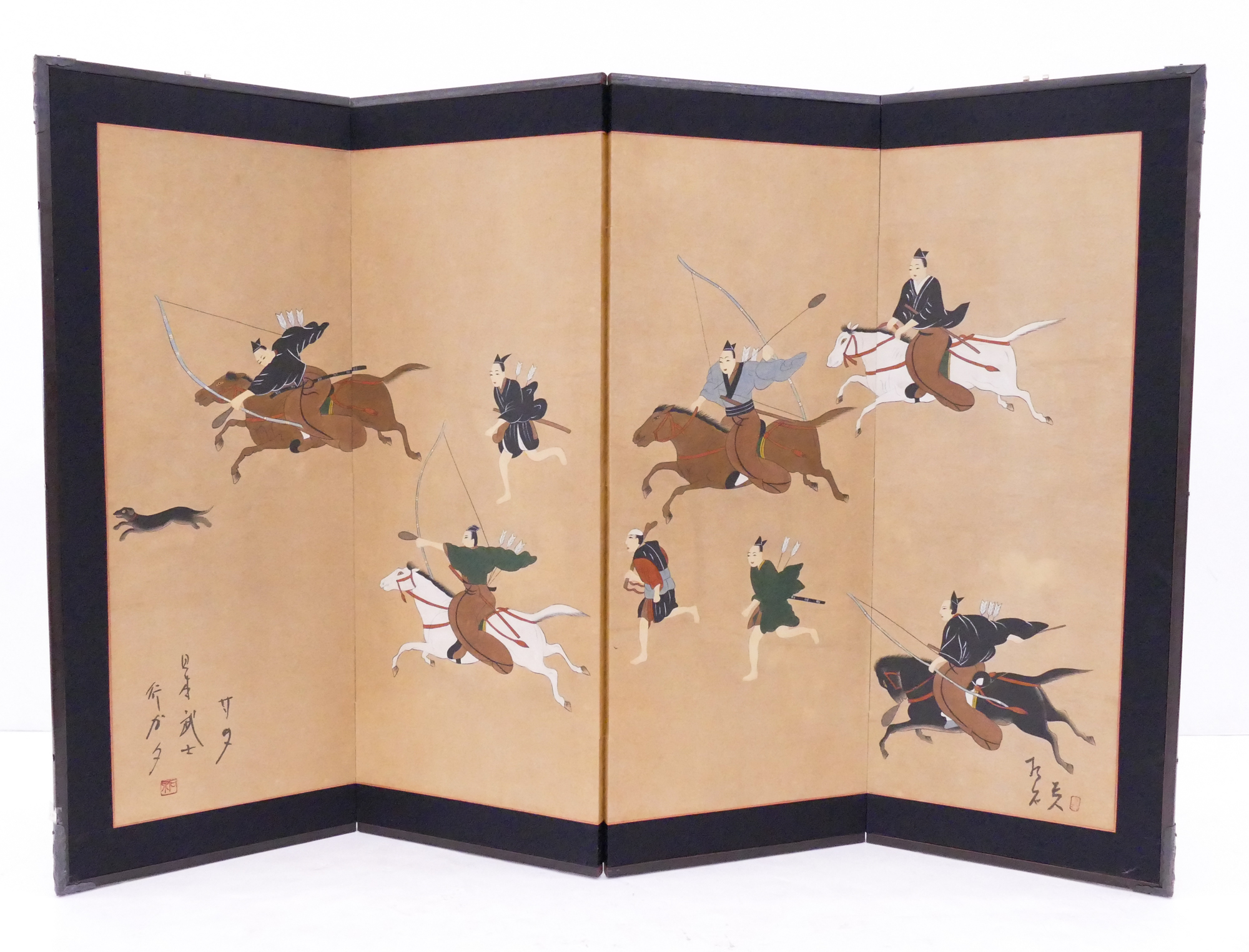 Appraisal: Japanese Painted Archers on Horseback Panel Screen- x ''