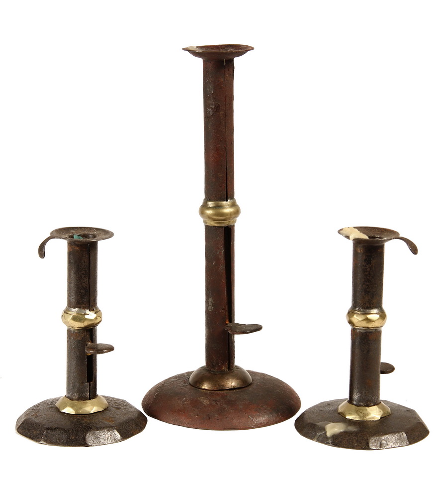 Appraisal: PAIR PLUS ONE COUNTRY CANDLESTICKS - Brass Wedding Band Hogscraper