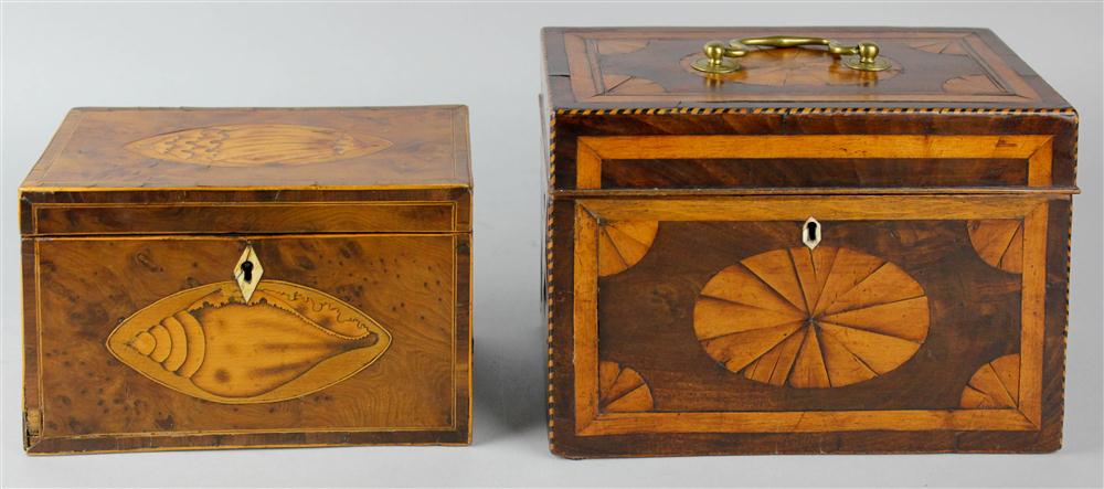 Appraisal: GEORGE III MARQUETRY TEA CADDY late th C the hinged