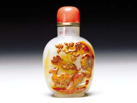 Appraisal: CAMEO AGATE SNUFF BOTTLE Superbly hollowed and very intricately carved