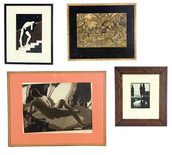 Appraisal: FOUR FRAMED PRINTS Twentieth century Indonesian bathing lithograph signed ''Taweng''