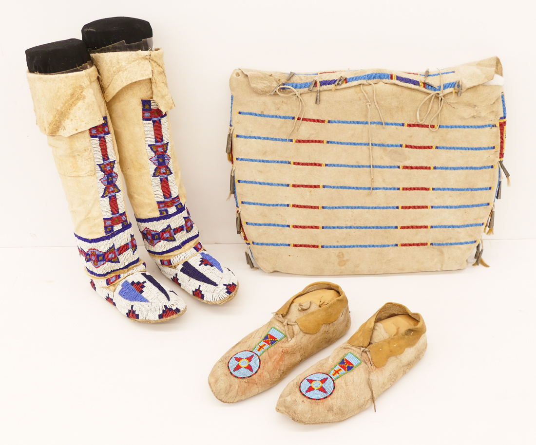 Appraisal: pc Old Plains Beaded Moccasins and Bag Includes a pair