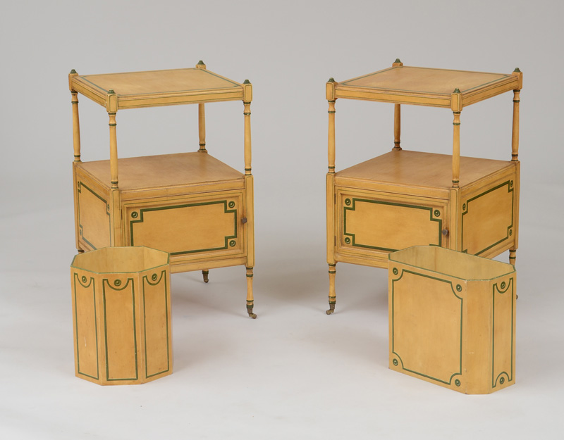 Appraisal: PAIR OF GEORGE III STYLE PAINTED BEDSIDE TABLES Each with