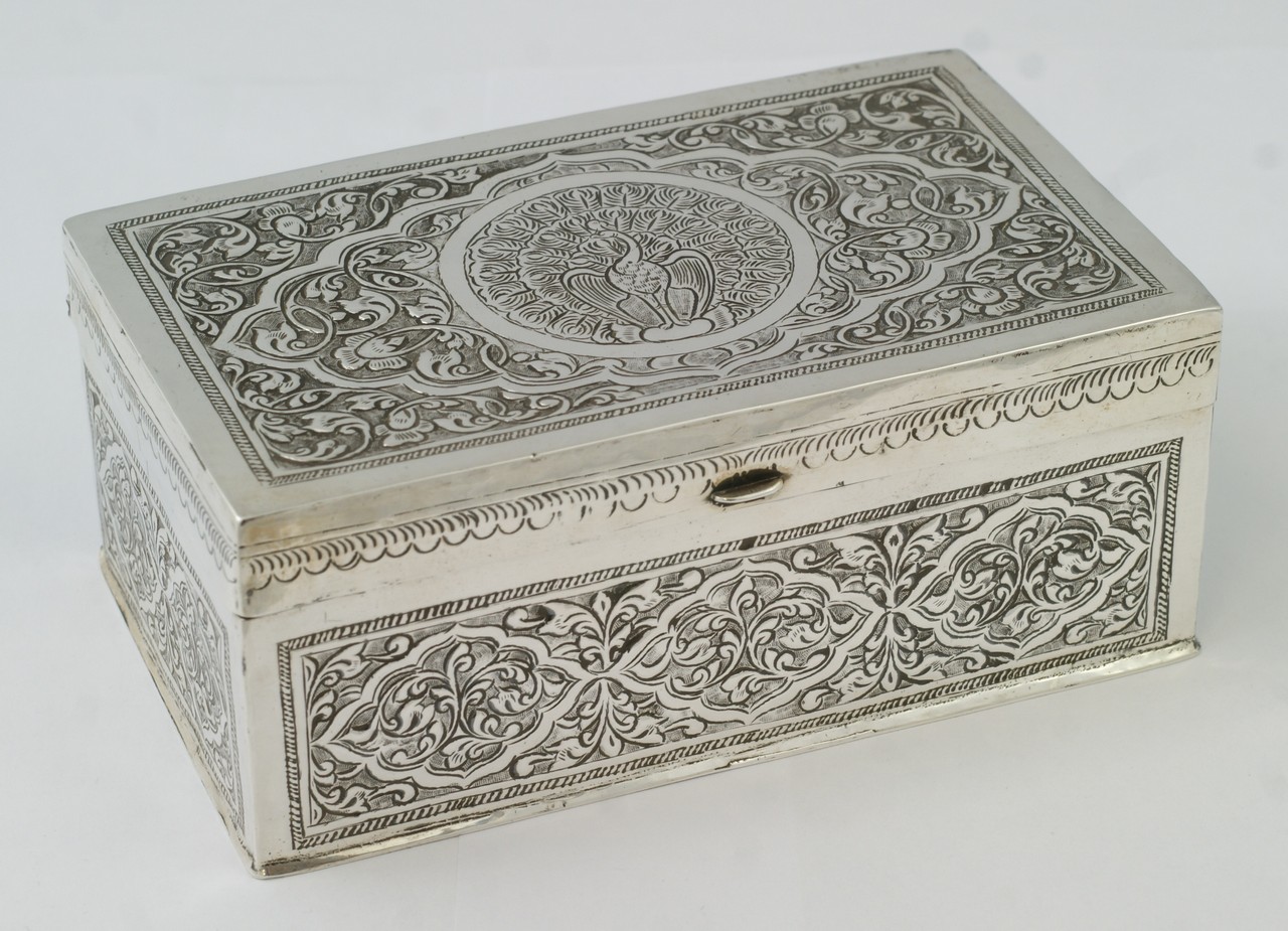 Appraisal: Indian Silver Box with peacock to lid wood lined gross