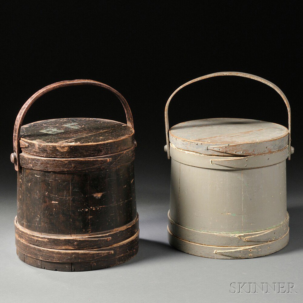 Appraisal: Two Painted Wooden Covered Firkins America th century wood stave