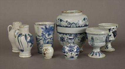 Appraisal: Seven Delft Blue and White Articles Including an apothecary jar