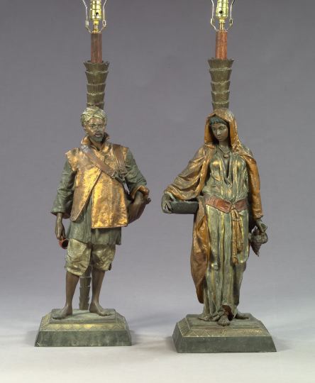 Appraisal: Tall Pair of French Elaborately Patinated and Polychromed Spelter Lamps