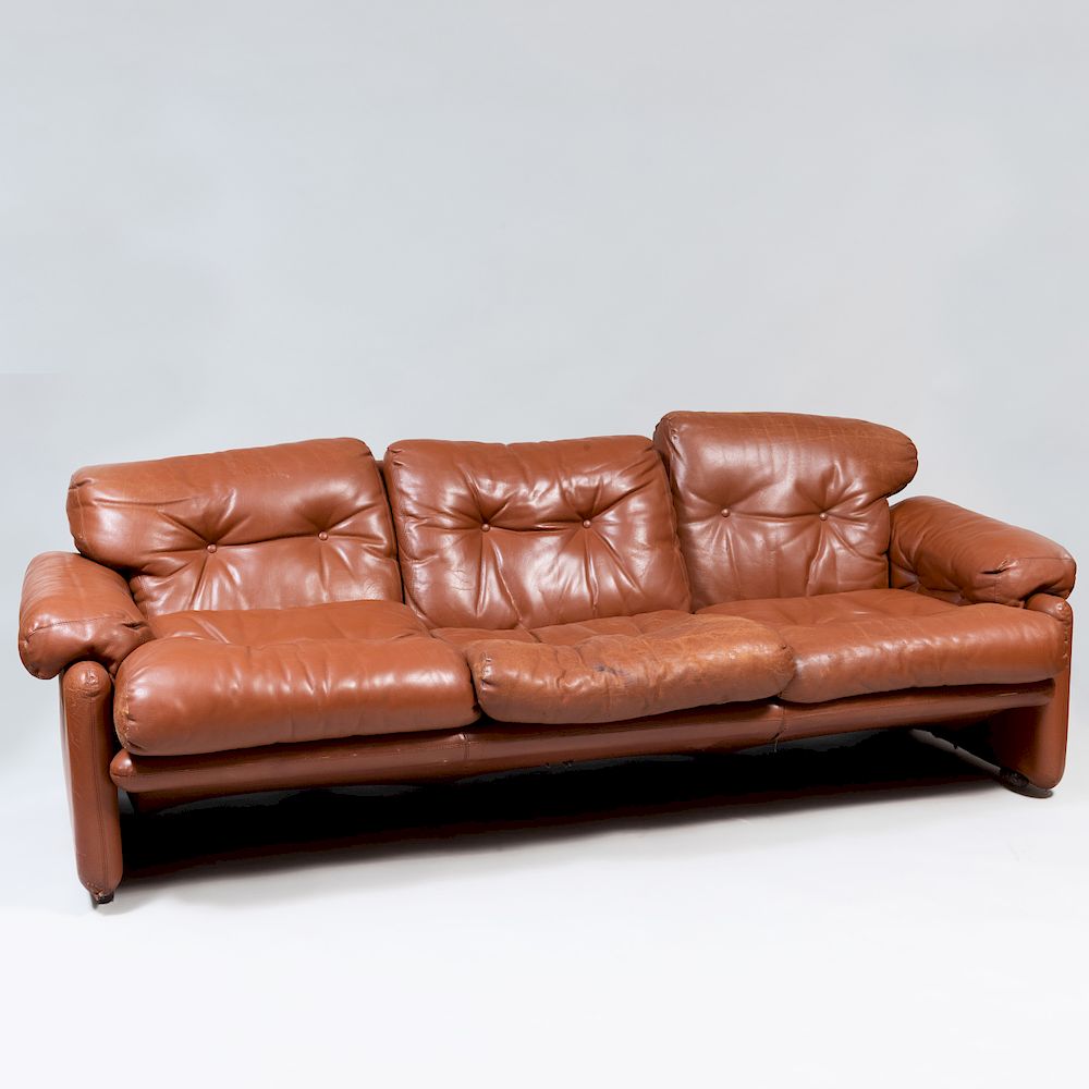 Appraisal: Tobia Scarpa Brown Leather 'Coronado' Three Seat Sofa for B