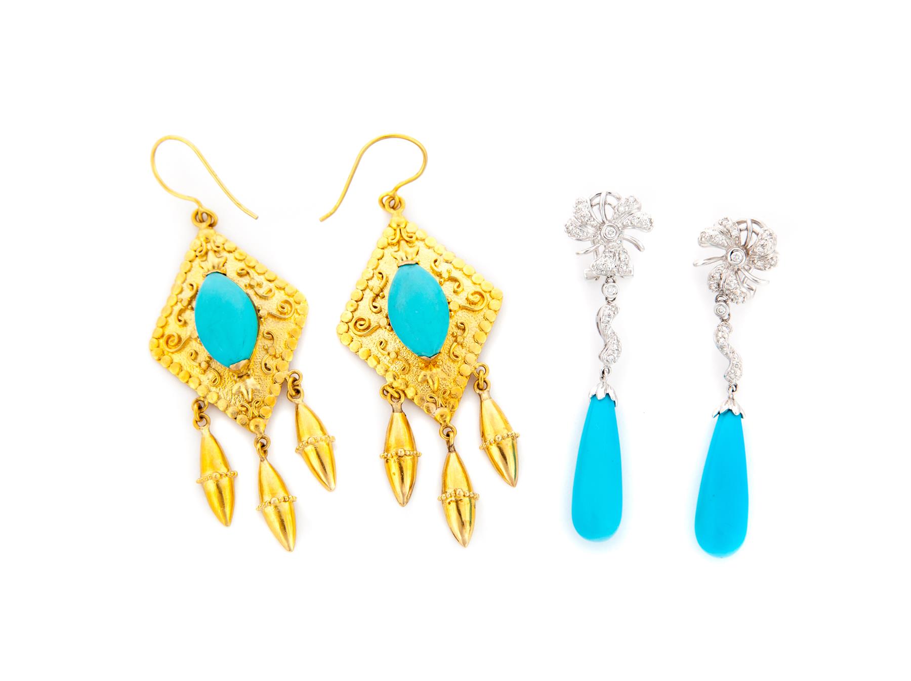 Appraisal: TWO PAIRS OF GOLD AND TURQUOISE EARRINGS American st century