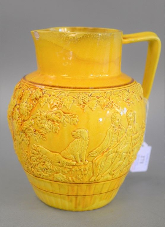 Appraisal: Minton majolica yellow ground jug molded with hunters and hounds