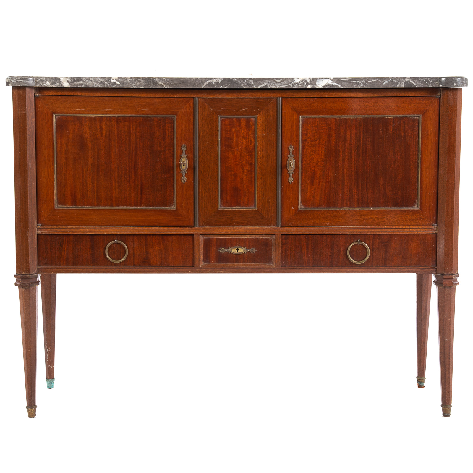 Appraisal: MAHOGANY CONTINENTAL FRENCH MARBLE TOP CONSOLE th century turreted corner