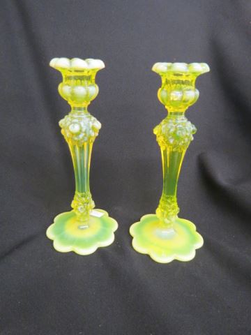 Appraisal: Pair of Vaseline Opalescent Art Glass Candlesticks excellent