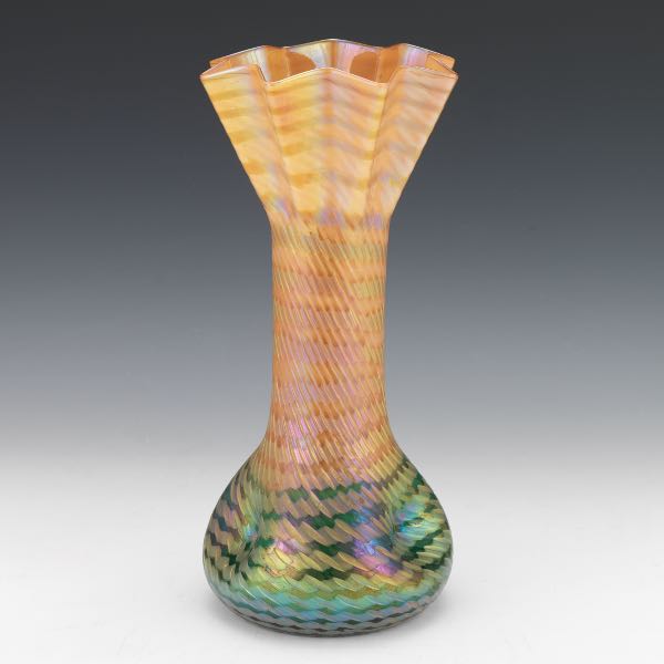 Appraisal: CZECH OPTIC GLASS VASE x Iridescent glass vase bulbous base