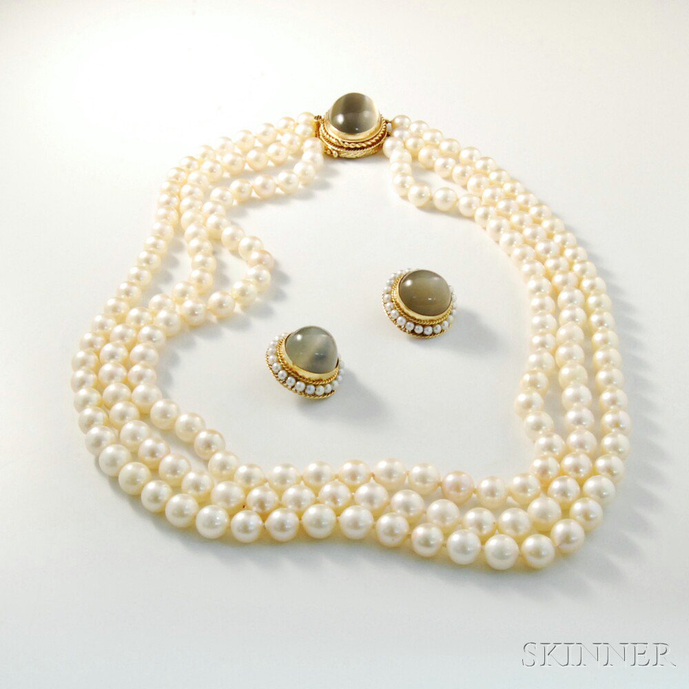 Appraisal: kt Gold Pearl and Cat's-eye Moonstone Necklace and Earclips the