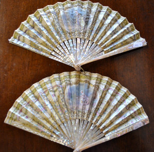 Appraisal: Two identical th century French mother-of-pearl fans the gauze leaf