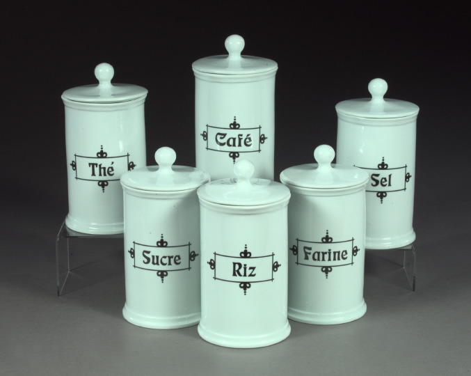 Appraisal: Set of Six Dutch Cylindrical White Ironstone Kitchen Canisters labeled