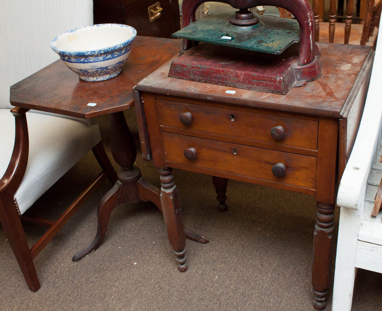 Appraisal: Drop end two-drawer worktable and a candle stand