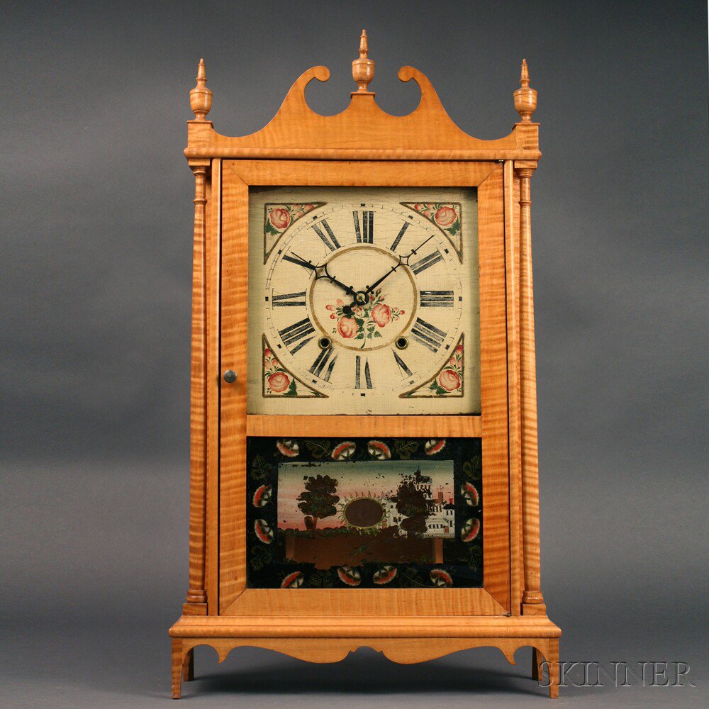 Appraisal: Tiger Maple Pillar and Scroll Clock th century scroll-top case