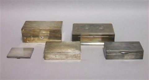 Appraisal: FIVE VARIOUS SILVER CIGARETTE BOXES Including two Japanese one pocket-sized