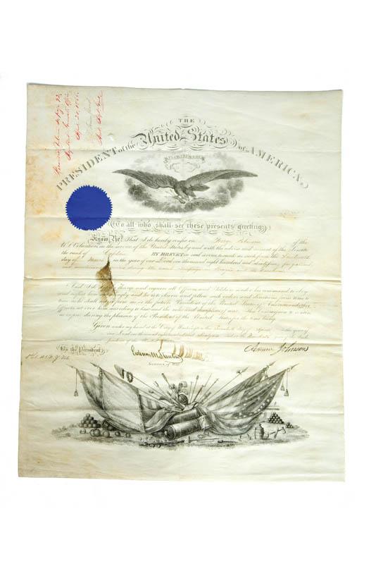 Appraisal: ANDREW JOHNSON SIGNED DOCUMENT Engraved and inked on vellum A