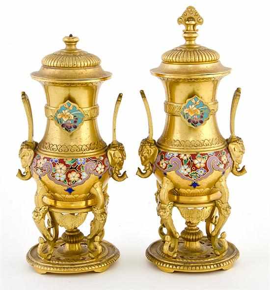 Appraisal: Pair Maison Marnyhac champleve and bronze-dore covered urns Paris late