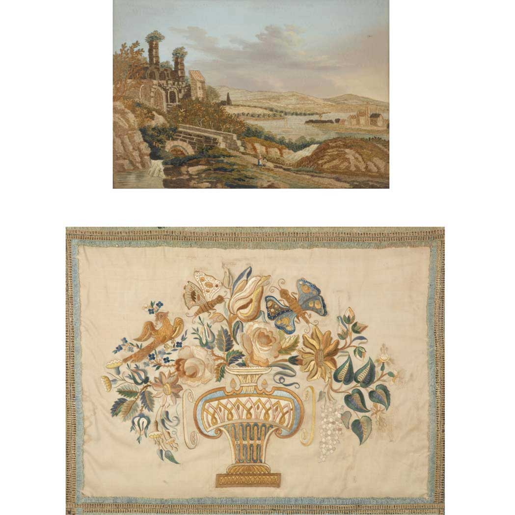 Appraisal: Two Framed English Needlework Pictures th Century One depicting a