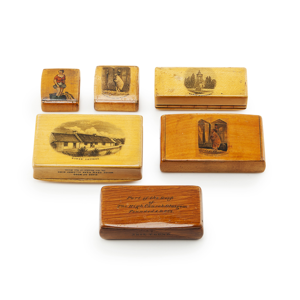 Appraisal: A GROUP OF SIX MAUCHLINE WARE SNUFF BOXES LATE TH