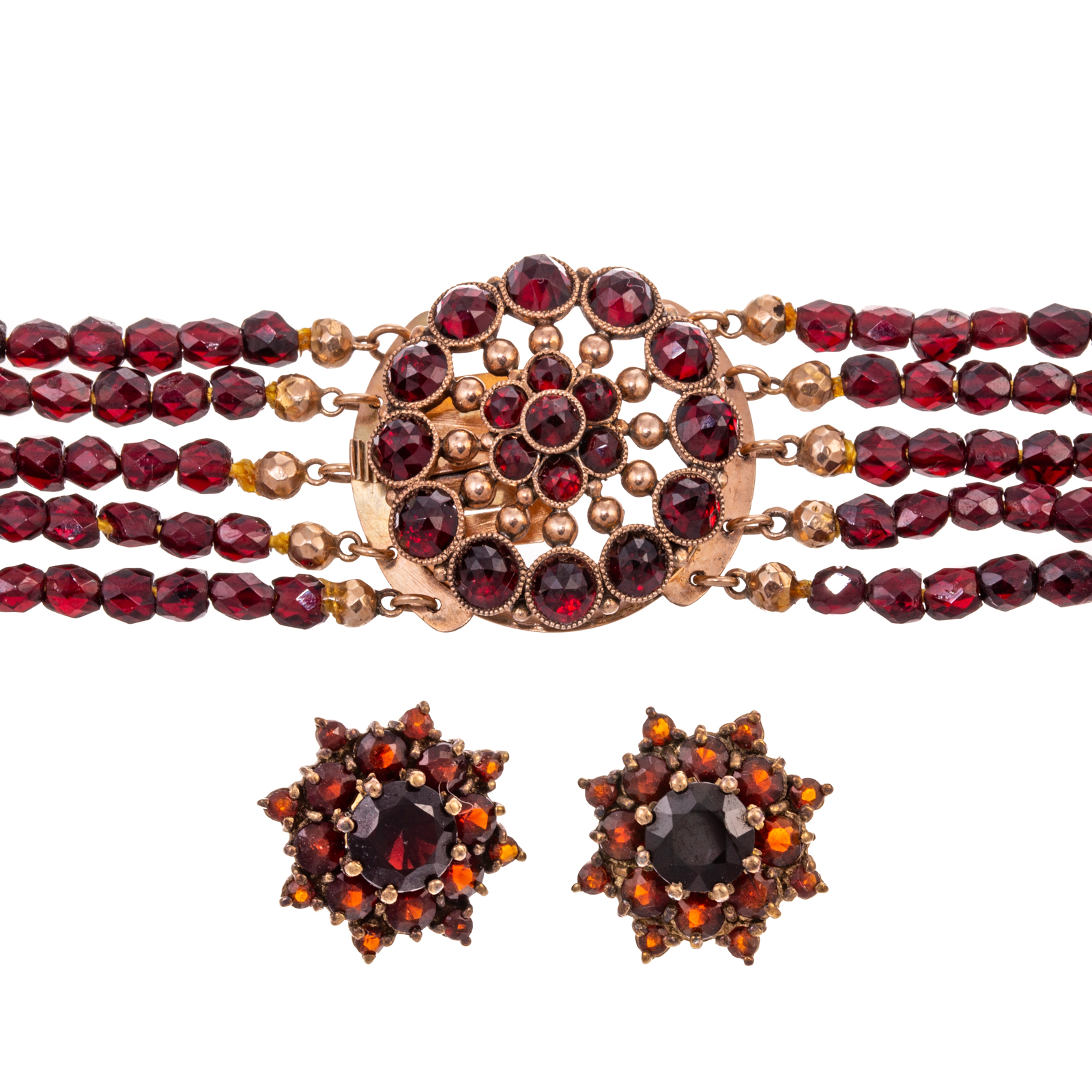 Appraisal: A K MULTI-STRAND GARNET NECKLACE EARRINGS K yellow gold faceted