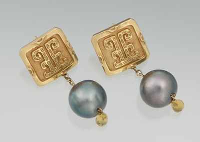 Appraisal: A Pair of k Gold and Grey Pearl Earrings Signed